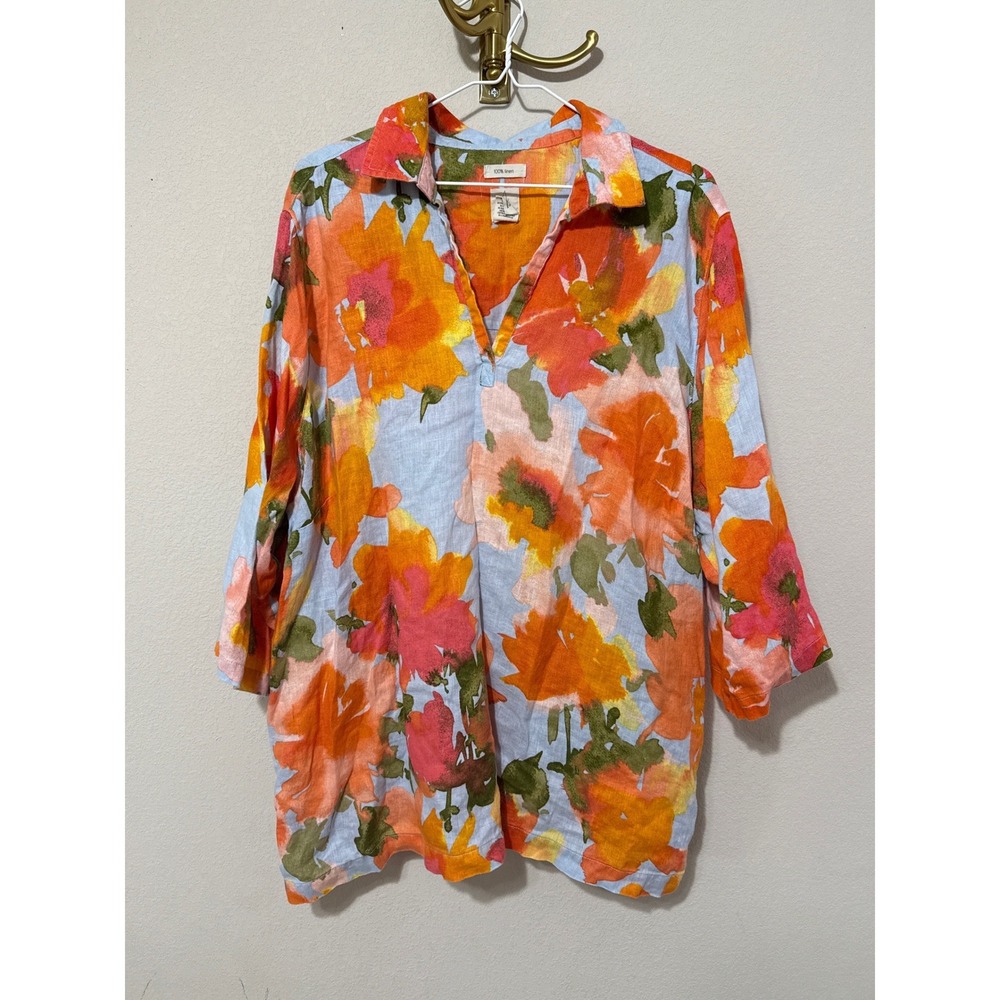 Joie Linen Tunic Women 2X Orange Floral V-Neck Side Button 3/4 Sleeve Blouse